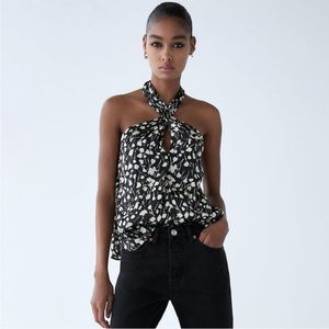NWOT Zara Flowy Print Floral Halter Top in Black and Cream